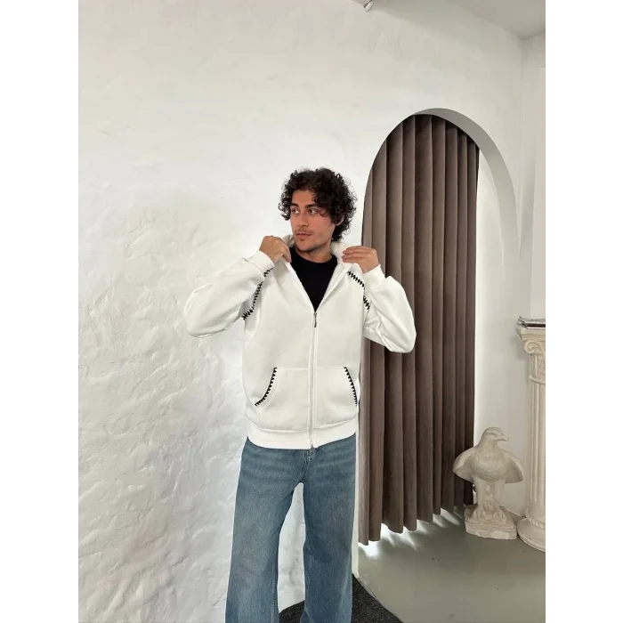 Luz&Pos Erkek Oversize Dik Yaka Fermuarlı Sweatshirt - Zincir Nakışli Kanguru Cepli - Beyaz