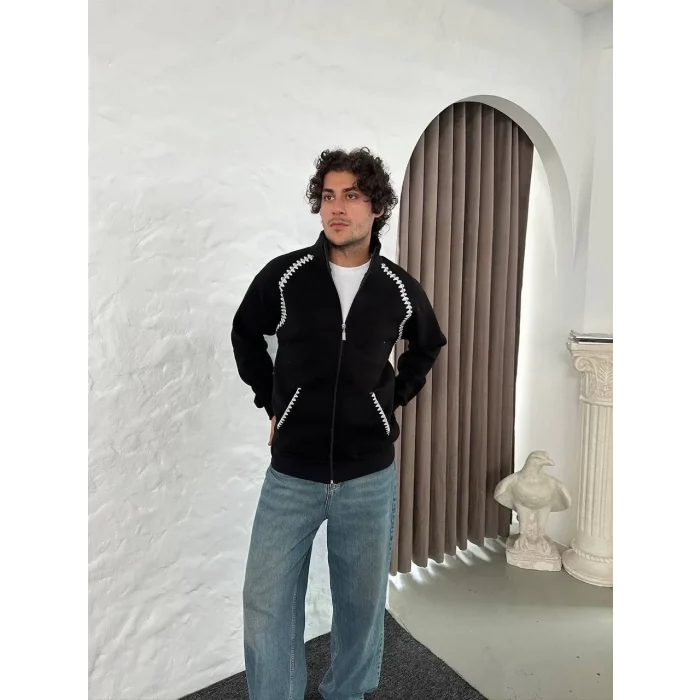 Luz&Pos Erkek Oversize Dik Yaka Fermuarlı Sweatshirt - Zincir Nakışli Kanguru Cepli - Siyah