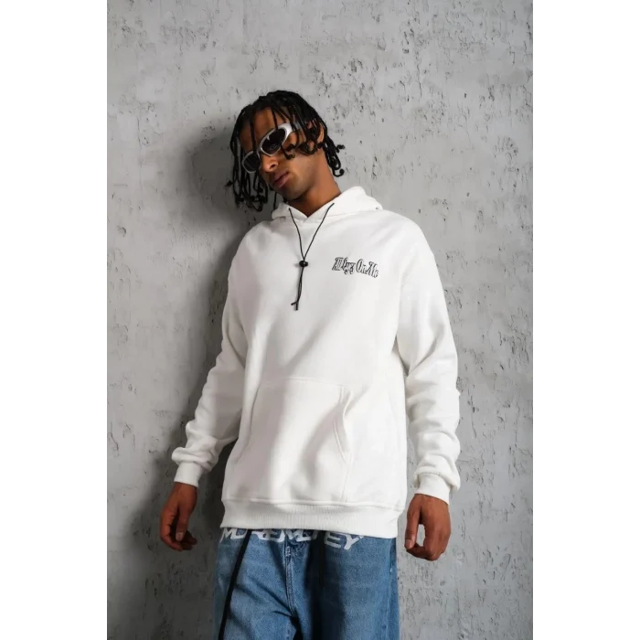 Luz&Pos Erkek Oversize Üç İplik Kapüşonlu Sweat – Kol Ve Etek Ribana Detaylı, Ön Ve Sırt Baskılı, Kanguru Cepli Rahat Kalıp Model - Beyaz