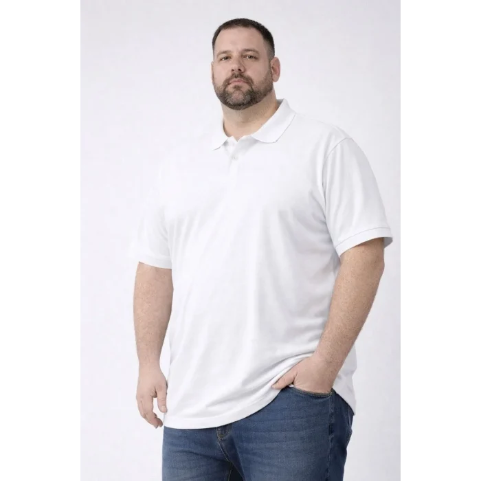 Luz&Pos Erkek Pike Kumaş Düğmeli Yaka Battal Büyük Beden Günlük Kısa Kol Tişört T-shirt - Beyaz