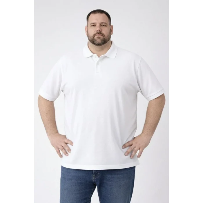 Luz&Pos Erkek Pike Kumaş Düğmeli Yaka Battal Büyük Beden Günlük Kısa Kol Tişört T-shirt - Beyaz