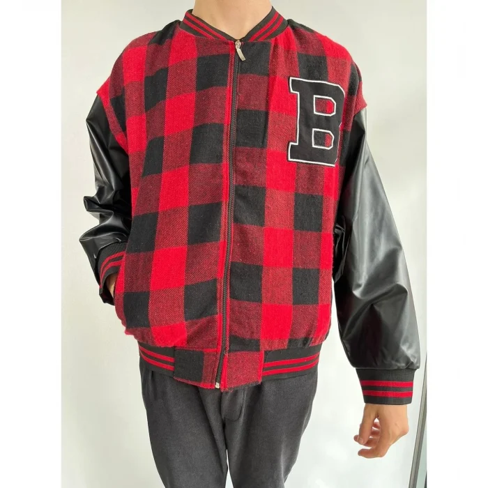 Luz&Pos Erkek Pötikare Desen Nakışlı Kolej Ceket - Kırmızı