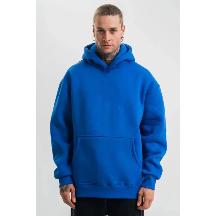 Luz&Pos Erkek Saks Mavi Double Oversize 3 İplik Pamuklu Kapüşonlu Kanguru Cepli Sweatshirt Hoodie - Saks Mavi