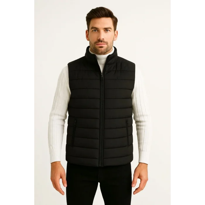 Luz&Pos Erkek Şişme Fermuarlı Yelek Su İtici Kapitone Astarlı Kumaş Cepli Hafif Kışlık Spor Rahat Kalıp - Siyah