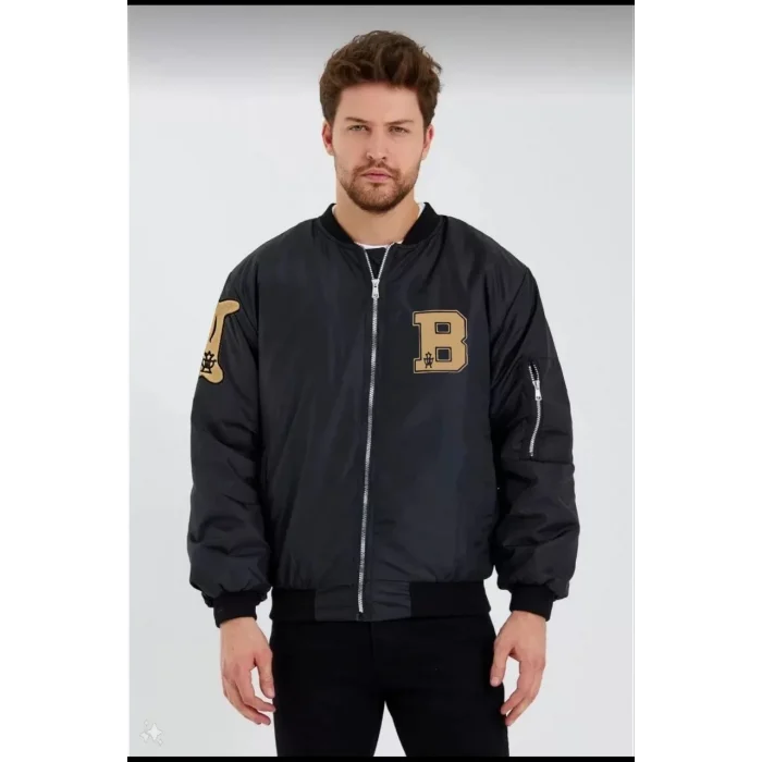 Luz&Pos Erkek Siyah Bomber Kolej Mont – B Harfi Ve Kemik Baskılı, Su İtici Kumaş, Kapitone Astarlı Fermuarlı Ceket - Siyah