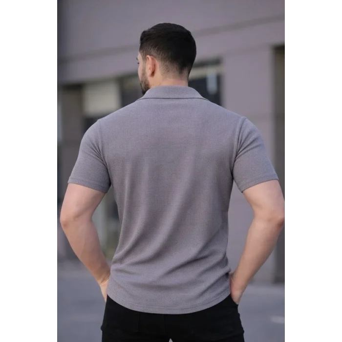 Luz&Pos Erkek Waffle Kumaş Kısa Kollu Düğmeli Açık Yaka Regular Fit Gömlek - Gri