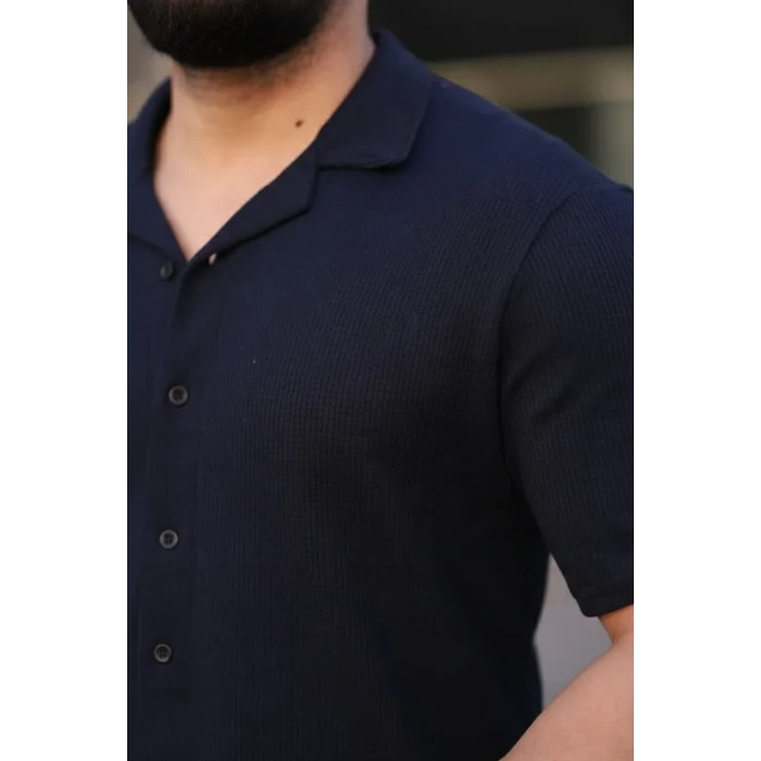 Luz&Pos Erkek Waffle Kumaş Kısa Kollu Düğmeli Açık Yaka Regular Fit Gömlek - Lacivert