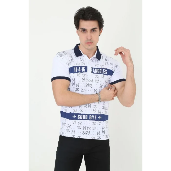 Luz&Pos Erkek Yakalı Slim Fit Baskılı T-shirt - Beyaz