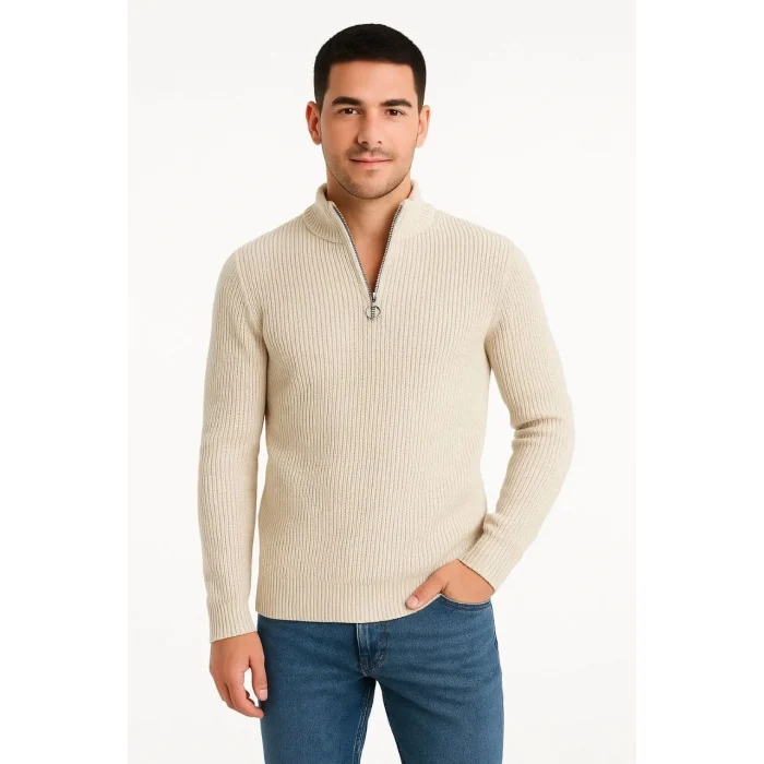 Luz&Pos Erkek Yarım Fermuarlı Triko Kazak – Selanik Örgü, Dik Yaka, Pamuklu Dokuma, Regular Fit Uzun Kollu Kışlık Model - Bej