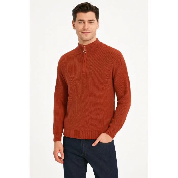 Luz&Pos Kadın Yarım Fermuarlı Triko Kazak – Selanik Örgü, Dik Yaka, Pamuklu Dokuma, Oversize Uzun Kollu Kışlık Model - Füme