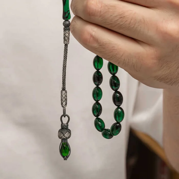 Luz&Pos Gümüş 1000 Ayar Kazaz Püsküllü Sıkma Kehribar Tesbih