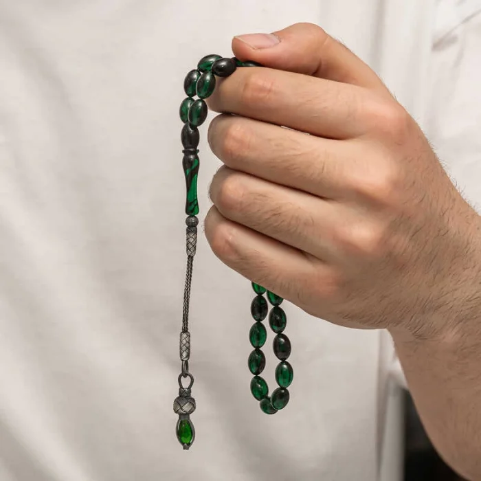 Luz&Pos Gümüş 1000 Ayar Kazaz Püsküllü Sıkma Kehribar Tesbih