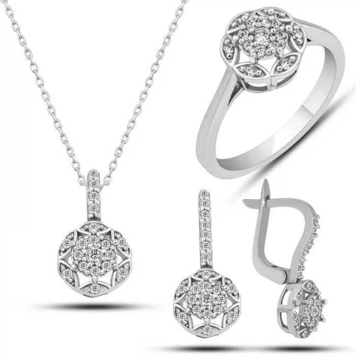 Luz&Pos Gümüş Beyaz Zirkon Taşlı Çiçek Kadın Set