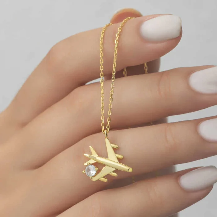 Luz&Pos Gümüş Gold Tek Taşlı Uçak Kadın Kolye