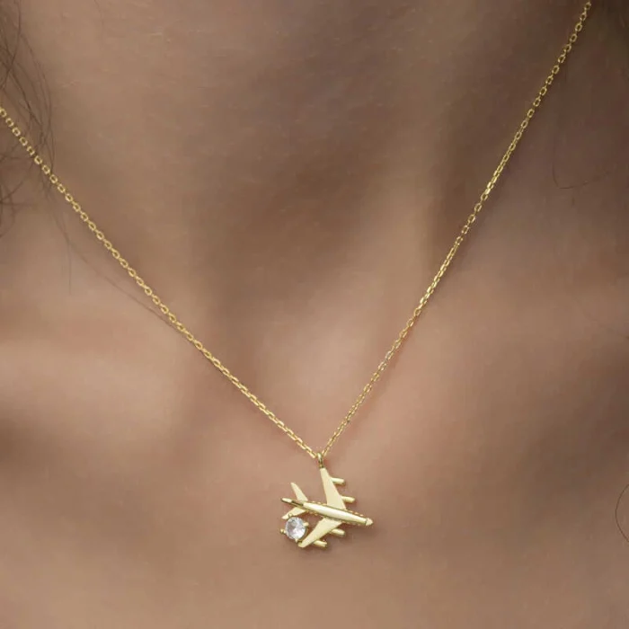 Luz&Pos Gümüş Gold Tek Taşlı Uçak Kadın Kolye