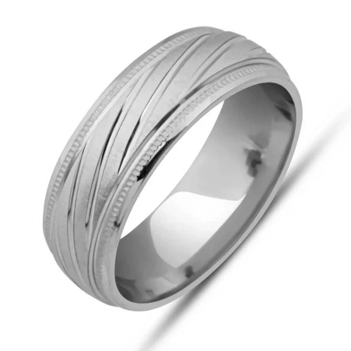 Luz&Pos Gümüş Kalemli Çizgi Desenli Rodyum Alyans