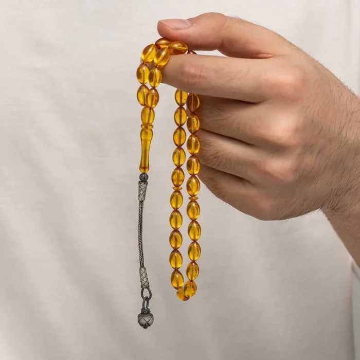 Luz&Pos Gümüş Kazaz Püsküllü Sıkma Kehribar Tesbih