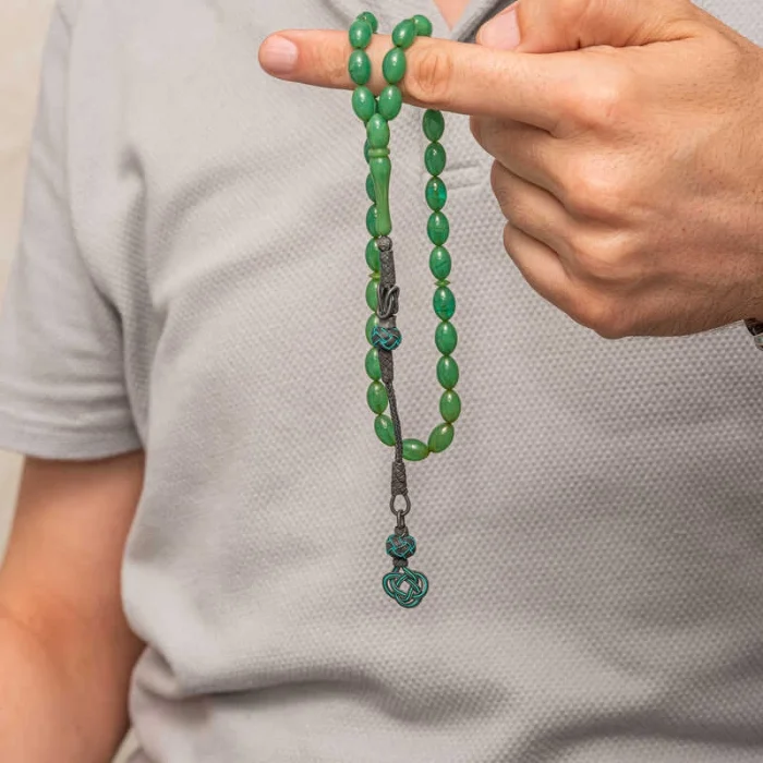 Luz&Pos Gümüş Kazaz Püsküllü Yeşil Sıkma Kehribar Tesbih