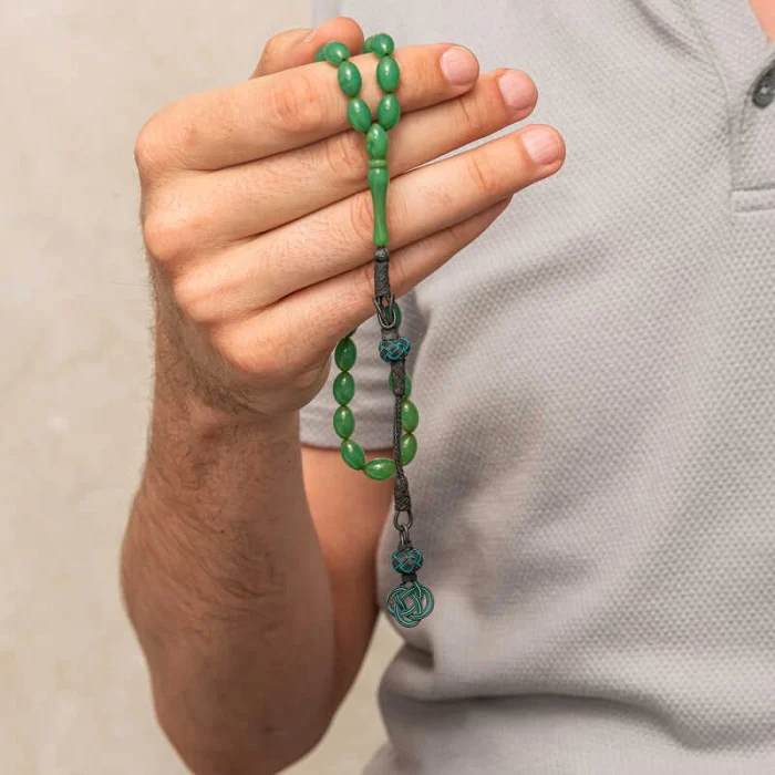 Luz&Pos Gümüş Kazaz Püsküllü Yeşil Sıkma Kehribar Tesbih