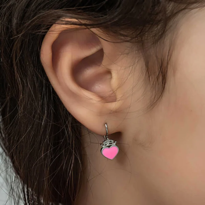 Luz&Pos Gümüş Pembe Kalp Sallantılı Çocuk Küpe