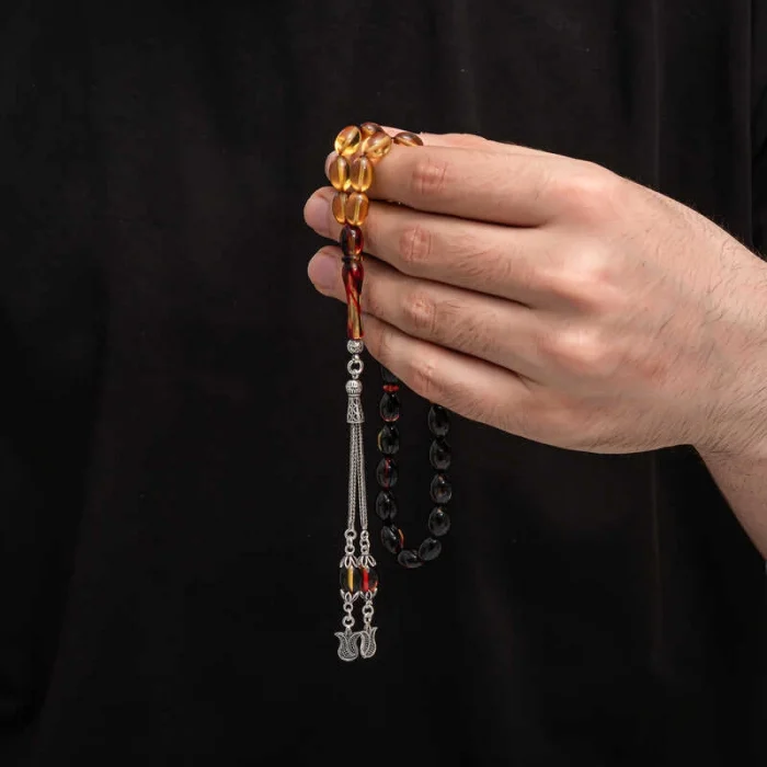 Luz&Pos Gümüş Püskül Sıkma Kehribar Tesbih