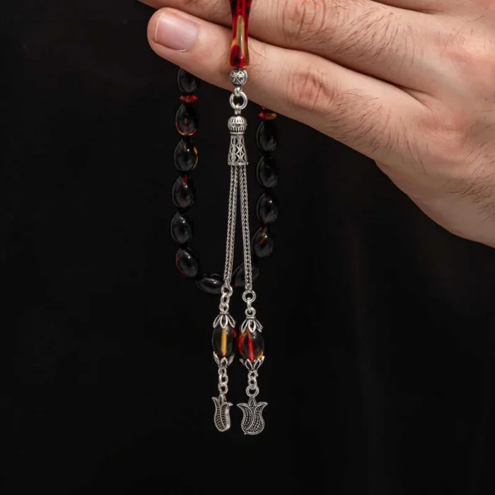 Luz&Pos Gümüş Püskül Sıkma Kehribar Tesbih