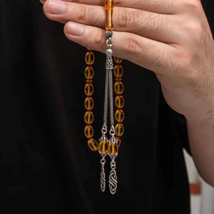 Luz&Pos Gümüş Püskül Sıkma Kehribar Tesbih