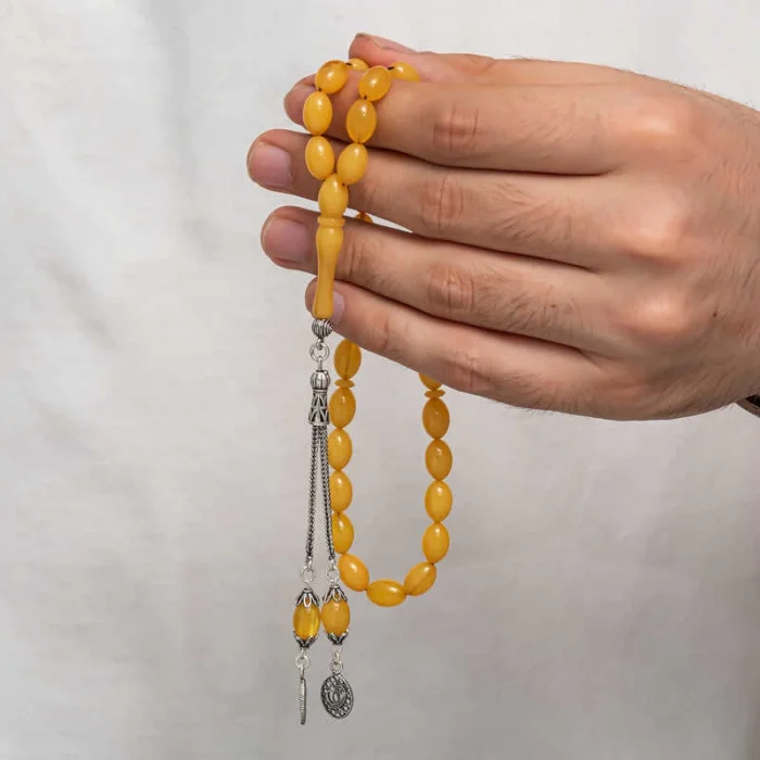 Luz&Pos Gümüş Püsküllü Sıkma Kehribar Tesbih