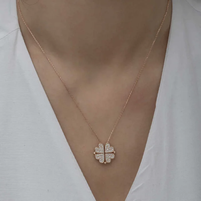 Luz&Pos Gümüş Rose Kalpli Açılabilen Yonca Kadın Kolye