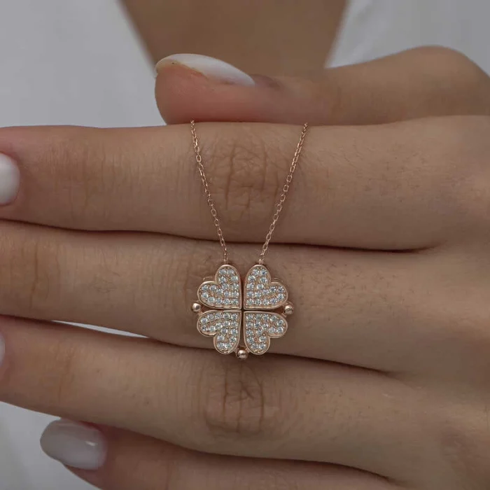 Luz&Pos Gümüş Rose Kalpli Açılabilen Yonca Kadın Kolye