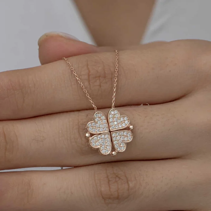 Luz&Pos Gümüş Rose Kalpli Açılabilen Yonca Kadın Kolye