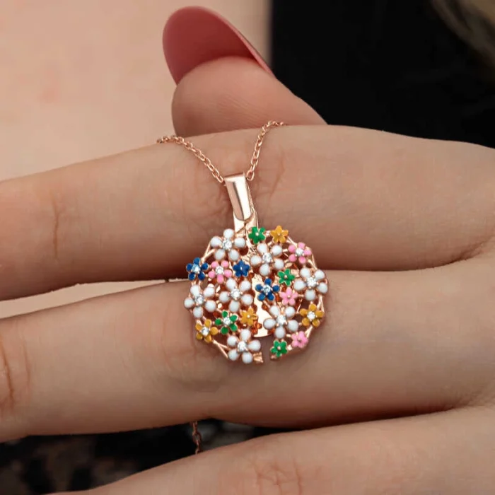 Luz&Pos Gümüş Rose Renkli Çiçek Kişiye Özel Kadın Kolye