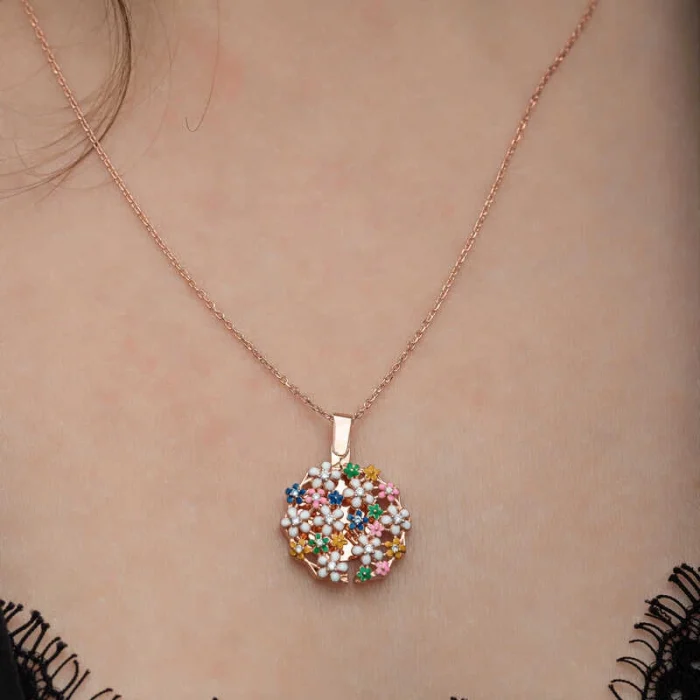 Luz&Pos Gümüş Rose Renkli Çiçek Kişiye Özel Kadın Kolye