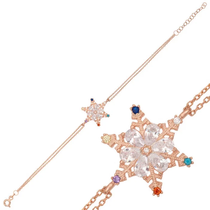 Luz&Pos Gümüş Rose Renkli Taşlı Kar Tanesi Kadın Bileklik