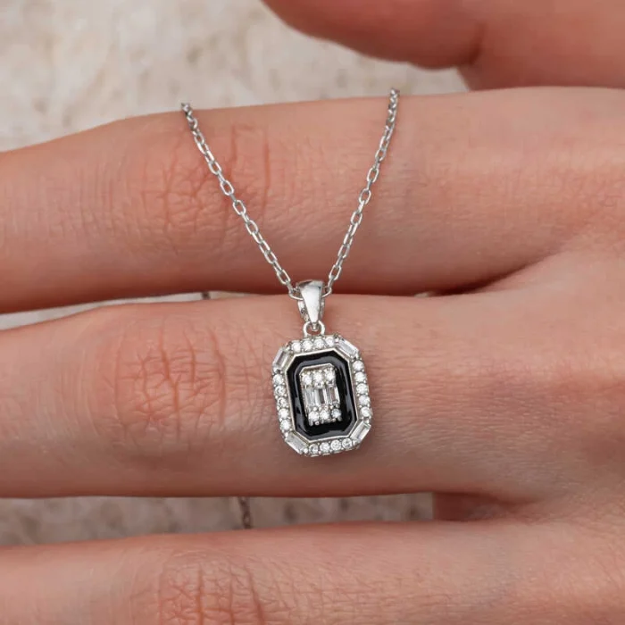 Luz&Pos Gümüş Siyah Mineli Baget Kadın Kolye