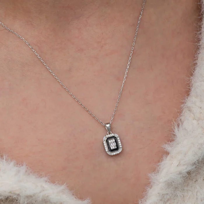 Luz&Pos Gümüş Siyah Mineli Baget Kadın Kolye