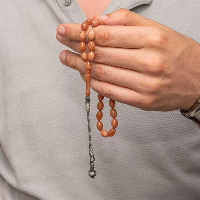 Luz&Pos Gümüş Top Kazaz Püsküllü Sıkma Kehribar Tesbih