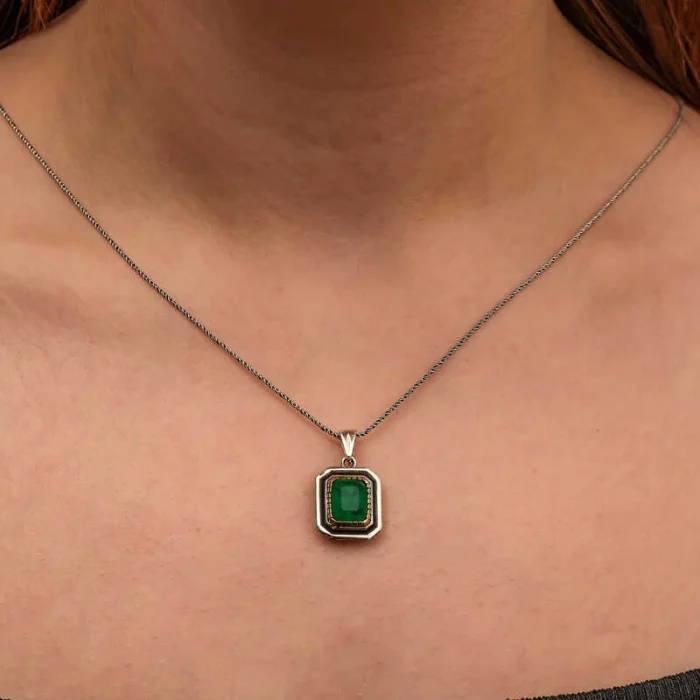 Luz&Pos Gümüş Yeşil Taşlı Otantik Kadın Kolye