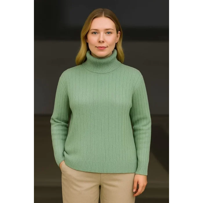 Luz&Pos Kadın Balıkcı Yaka Bağazlı Triko Kazak Pamuklu Kalın Fitilli Dokuma - Mint Yeşili