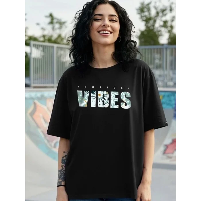 Luz&Pos Kadın Baskılı Oversize T-shirt - Siyah