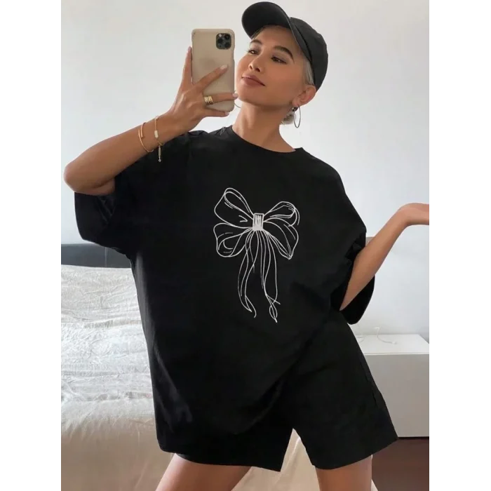 Luz&Pos Kadın Baskılı Oversize T-shirt - Siyah