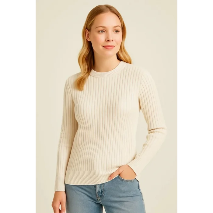 Luz&Pos Kadın Bisiklet Yuvarlak Yaka Triko Kazak Pamuklu Kalın Fitilli Dokuma, Regular Fit Uzun Kollu Kışlık Model - Bej