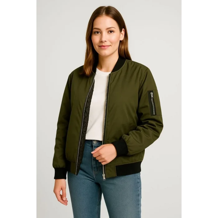 Luz&Pos Kadın Bomber Mont Ceket – Fermuarlı, Kapitone İçi Astarlı, Su İtici Kumaş, Regular Fit, Yandan Cepli, Günlük Bahar & Kış Şık Rahat Stil - Haki