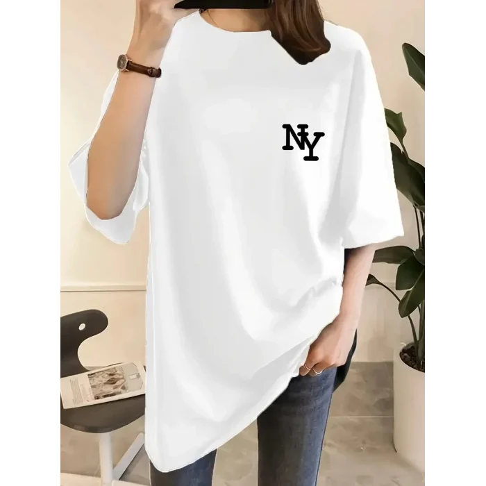 Luz&Pos Kadın Eğlenceli Harf Ny Baskılı Bisiklet Yaka Tişört - Rahat Polyester, Makinede Yıkanabilir - Yaz Ve Fitness İçin Mükemmel, Yuvarlak Yaka- Beyaz