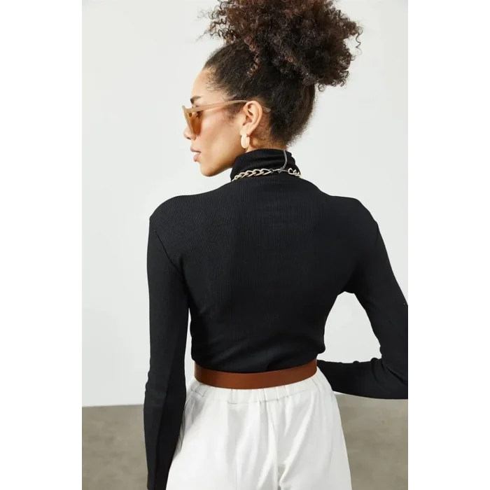 Luz&Pos Kadın Kaşkorse Boğazlı Full Likralı Fitilli Body Kazak - Siyah