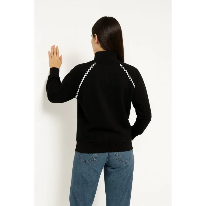 Luz&Pos Kadın Oversize Dik Yaka Fermuarlı Sweatshirt - Zincir Nakışli Kanguru Cepli, - Siyah