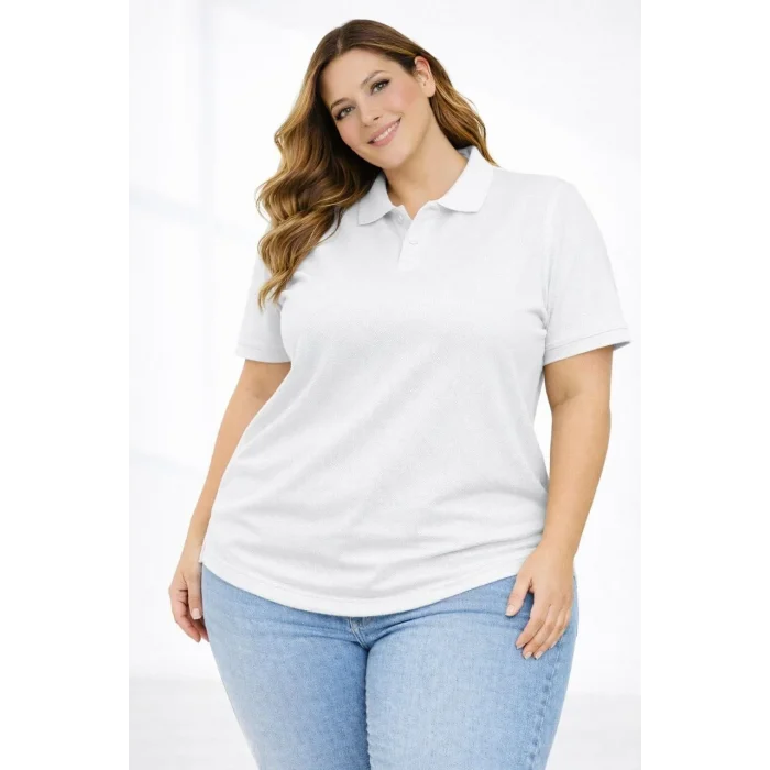 Luz&Pos Kadın Pike Kumaş Düğmeli Yaka Battal Büyük Beden Günlük Kısa Kol Tişört T-shirt - Beyaz