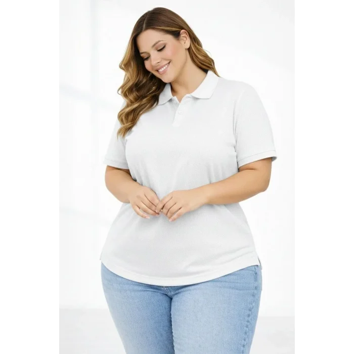 Luz&Pos Kadın Pike Kumaş Düğmeli Yaka Battal Büyük Beden Günlük Kısa Kol Tişört T-shirt - Beyaz