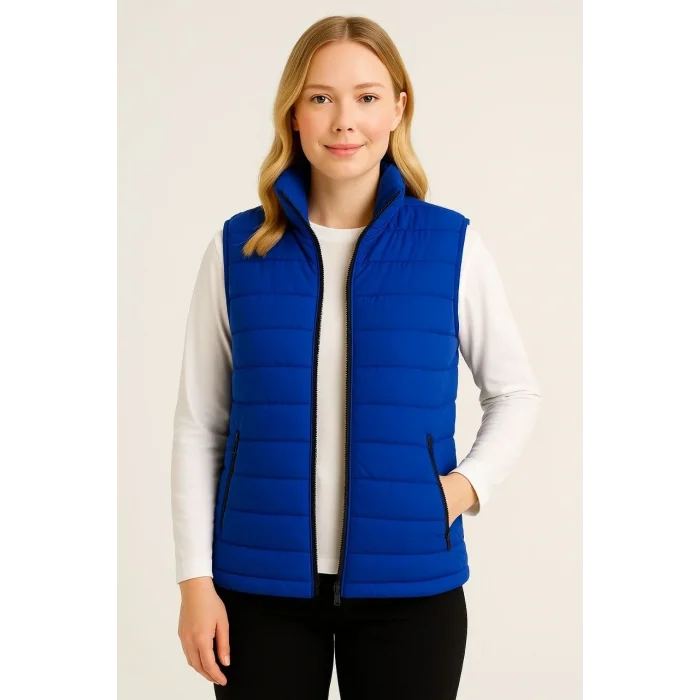 Luz&Pos Kadın Şişme Fermuarlı Yelek Su İtici Kapitone Astarlı Kumaş Cepli Hafif Kışlık Spor Rahat Kalıp - Saks Mavisi