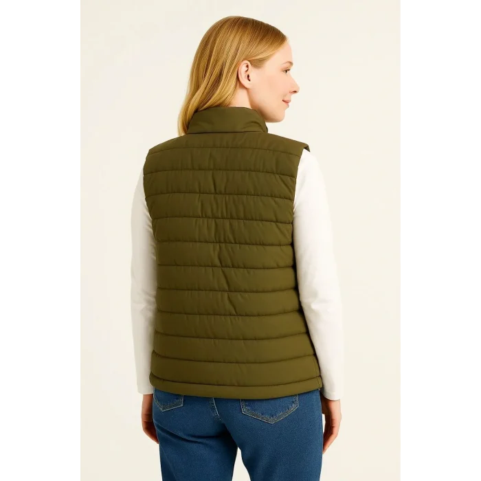 Luz&Pos Kadın Şişme Fermuarlı Yelek Su İtici Kapitone Astarlı Kumaş Cepli Hafif Kışlık Spor Rahat Kalıp - Haki